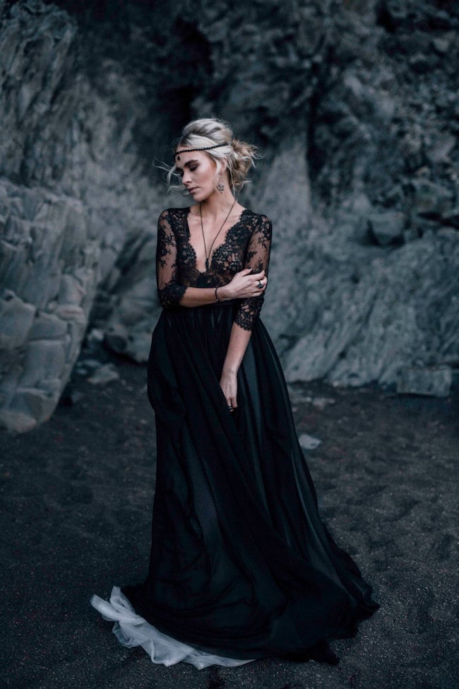 15 Chic Black Wedding Dresses for Bold Brides | Black V-neck Scalloped Wedding Dress with Lace Sleeve by Cathy Telle